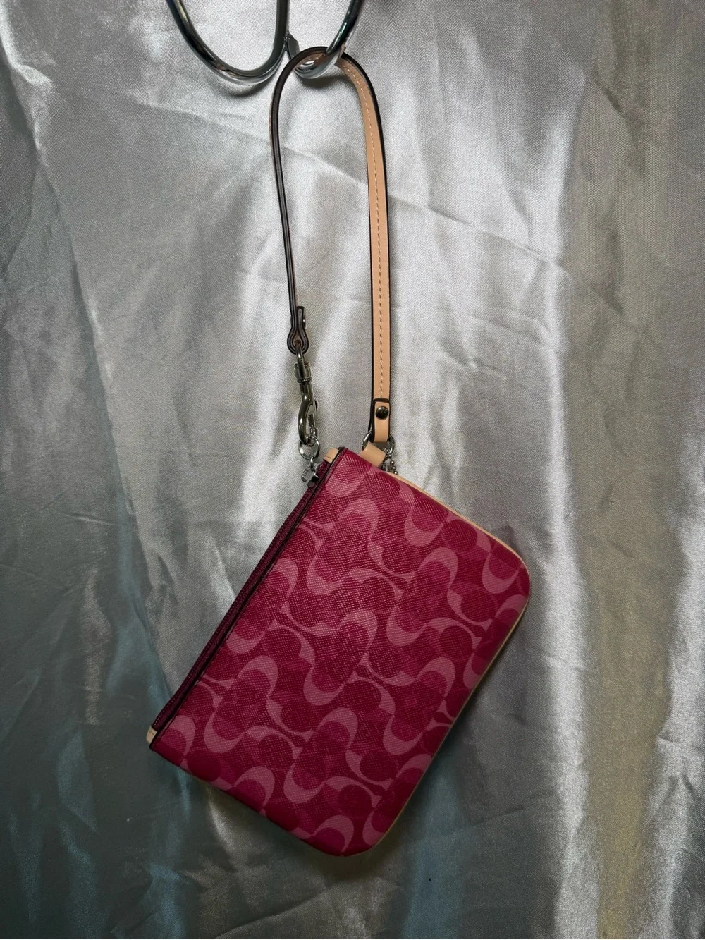 Coach Signature Canvas Wristlet in Fuchsia with Tan Strap